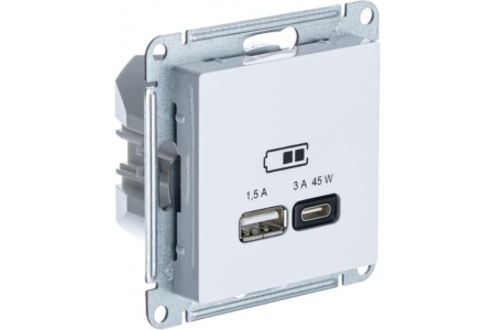USB розетка A + тип-C 45W Высокоскоростной заряд в рамку Schneider ATLASDESIGN Белая