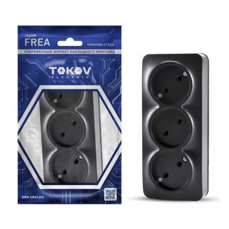 Картинка Розетка трехместная ОП Frea 16А IP20 250В без заземления АБС-пластик Карбон TOKOV ELECTRIC