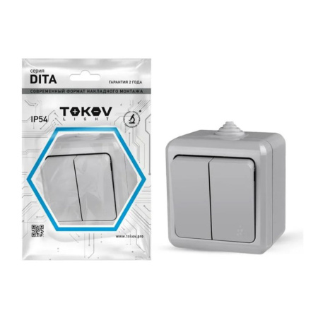 Картинка Выключатель 2 клавиши ОП Dita IP54 10А 250 В Серый TOKOV ELECTRIC