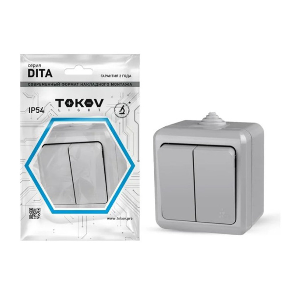 Картинка Выключатель 2 клавиши ОП Dita IP54 10А 250 В Серый TOKOV ELECTRIC