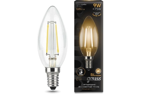 Лампа светодиодная свеча LED 9вт Е14 C37 2700К Теплый свет Gauss Filament