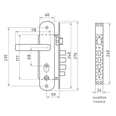 Картинка Замок врезной №300-68 мм Правый Матовый хром Черный никель НОРА-М