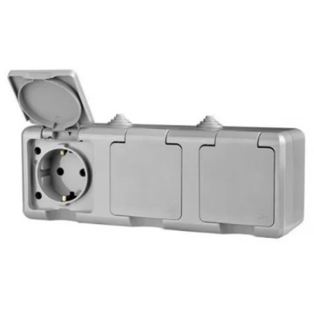 Розетка 3 местная ОП Dita 16А IP54 250В с з/к с серой крышкой Серый TOKOV ELECTRIC 