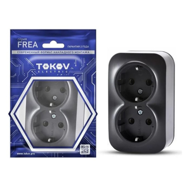 Картинка Розетка 2-х местная ОП Frea 16А IP20 250В с заземлением Карбон TOKOV ELECTRIC