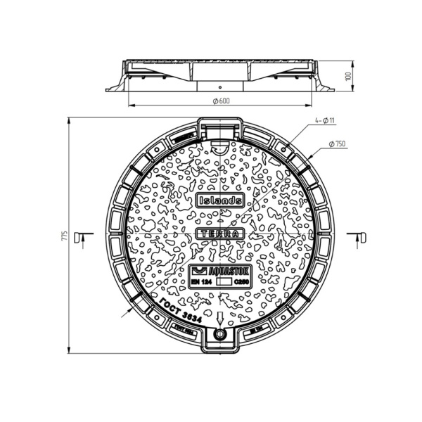 Картинка Люк чугунный канализационный круглый Ø 750/600 мм Terra 750 C250 AQUASTOK