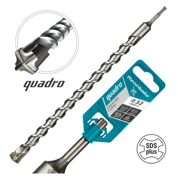 Картинка Бур 32х600 мм SDS-plus 4 грани RENNBOHR Quadro