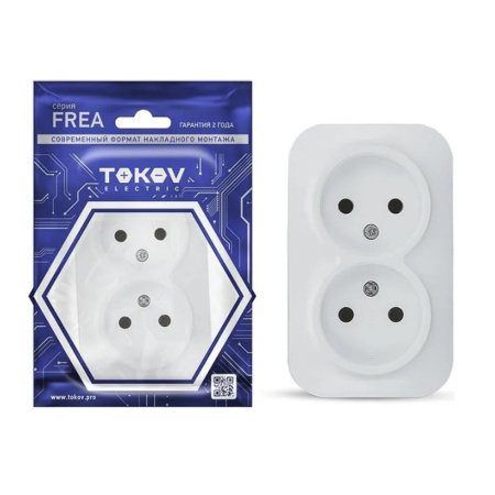 Картинка Розетка двухместная ОП Frea 16А IP20 250В без заземления АБС-пластик Белая TOKOV ELECTRIC