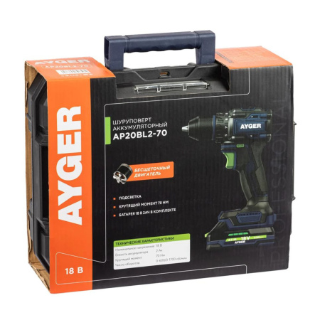 Картинка Аккумуляторная дрель-шуруповерт AP20BL2-70 AYGER