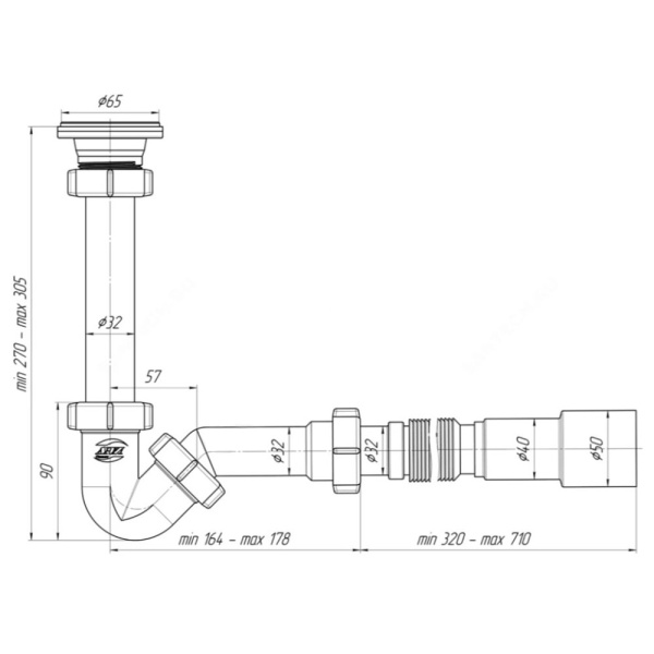 Картинка Сифон для биде 1 1/4"x32 с гофрой 32х40/50 выпуск нержавеющая решётка 65 мм АНИ Пласт