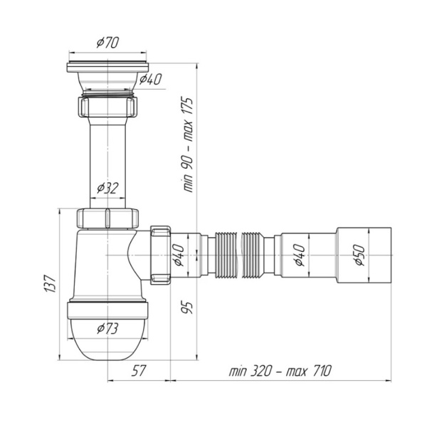 Картинка Сифон для умывальника мойки бутылочный 1 1/2"x40 мм гофрированный 40х40/50 мм нержавеющая сетка АНИ Пласт