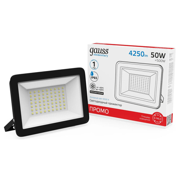 Изображение Прожектор светодиодный ДО 50 Вт 6500К 4250 лм IP65 Elementary GAUSS Картинка Прожектор светодиодный ДО 50 Вт 6500К 4250 лм IP65 Elementary GAUSS