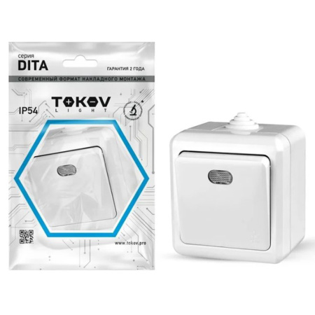 Картинка Выключатель 1 клавиша ОП Dita IP54 10А 250В с индикацией Белый TOKOV ELECTRIC