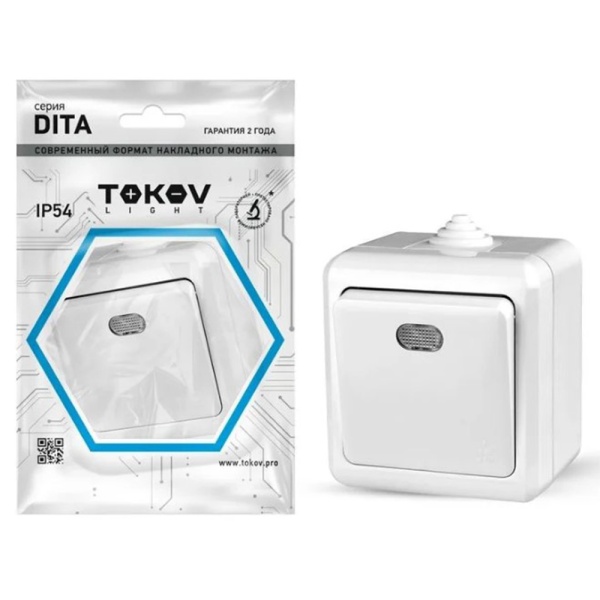 Картинка Выключатель 1 клавиша ОП Dita IP54 10А 250В с индикацией Белый TOKOV ELECTRIC