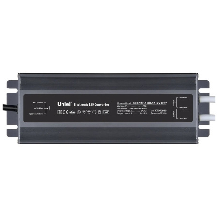 Картинка Блок питания ультратонкий 150Вт 12В IP67 металлический корпус Uniel UET-VAF-150A67