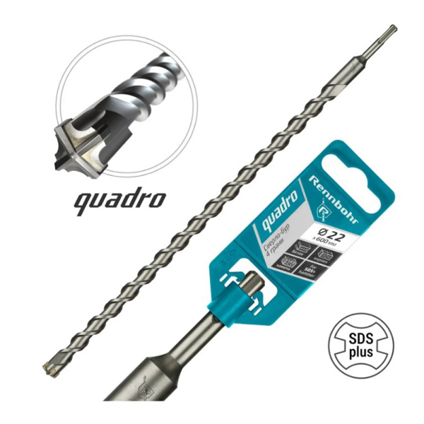 Картинка Бур 22х600 мм SDS-plus 4 грани RENNBOHR Quadro
