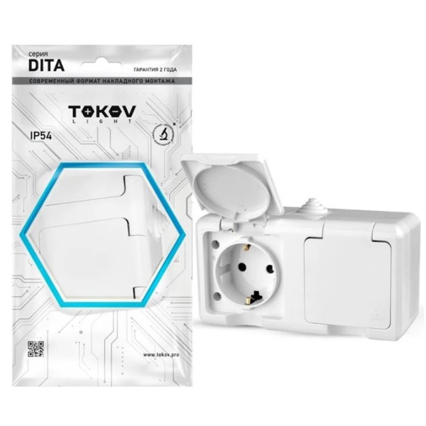 Картинка Розетка 2 местная ОП Dita 16А IP54 250В с з/к с крышкой Белая TOKOV ELECTRIC