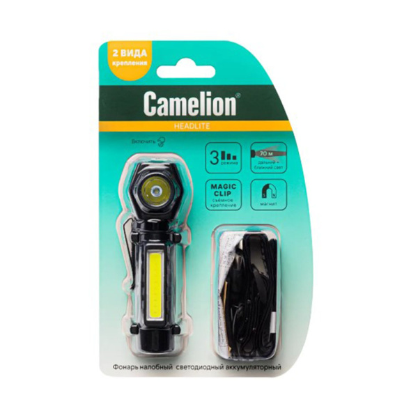 Картинка Фонарь налобный 3,7В XPE+COB 3 Вт магнит Type-C светодиодный аккумуляторный Camelion LED53409