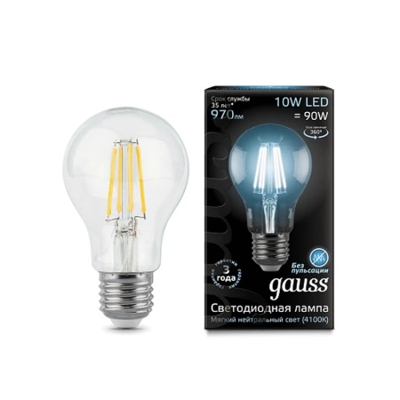 Лампа светодиодная Gauss Filament LED 10вт Е27 А60 4100К Белый свет