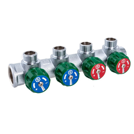 Картинка Коллектор регулирующий 3/4' 4 отвода 1/2' плоское уплотнение STOUT