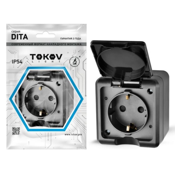 Картинка Розетка 1 местная ОП Dita 16А IP54 250В с з/к с крышкой Карбон TOKOV ELECTRIC