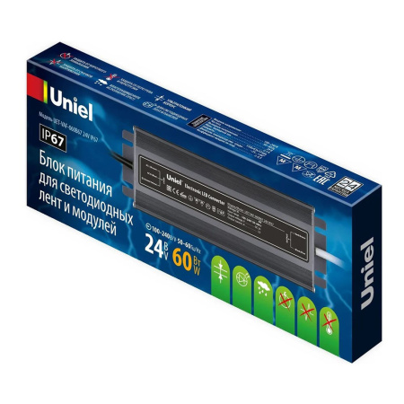 Картинка Блок питания ультратонкий 60Вт 24В IP67 металлический корпус Uniel UET-VAF-060B67