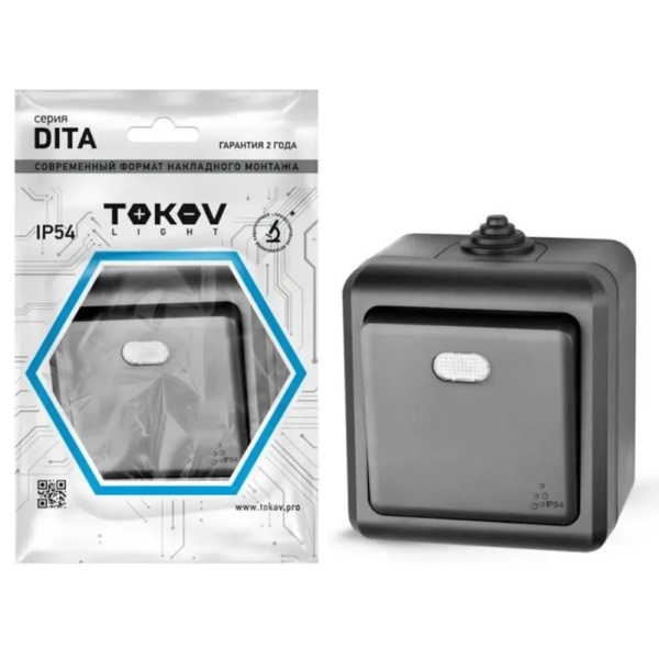 Картинка Выключатель 1 клавиша ОП Dita IP54 10А 250В с индикацией Карбон TOKOV ELECTRIC