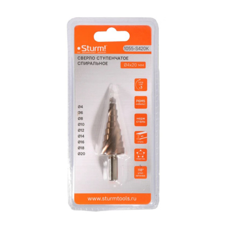 Картинка Сверло ступенчатое по металлу 4-20 мм спираль кобальт Sturm