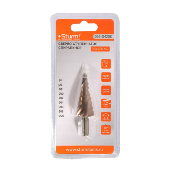 Картинка Сверло ступенчатое по металлу 4-20 мм спираль кобальт Sturm