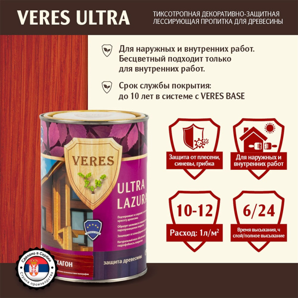 Картинка Декоративная пропитка для дерева Veres Ultra Lazura №7 Махагон 20 л