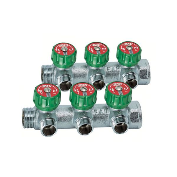 Картинка Коллектор латунь 3/4" ВР/НР 3 выхода 1/2" НР евроконус плоское уплотнение регулируемые клапана MULTIFAR Far