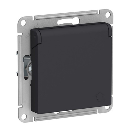 Картинка Розетка с заземлением со шторками Черная крышка Карбон 16А IP20 Systeme Electric ATLASDESIGN