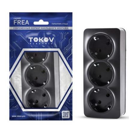 Картинка Розетка трехместная ОП Frea 16А IP20 250В с заземлением АБС-пластик Карбон TOKOV ELECTRIC