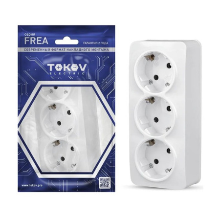 Картинка Розетка трехместная ОП Frea 16А IP20 250В с заземлением АБС-пластик Белая TOKOV ELECTRIC