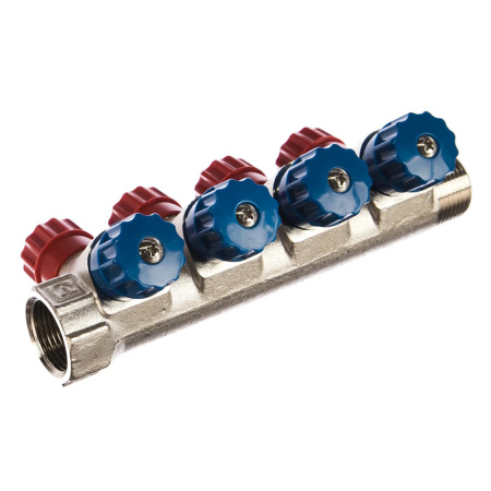Картинка Коллектор с регулировочными вентилями 1"х4 выхода 1/2" наружная резьба VALFEX