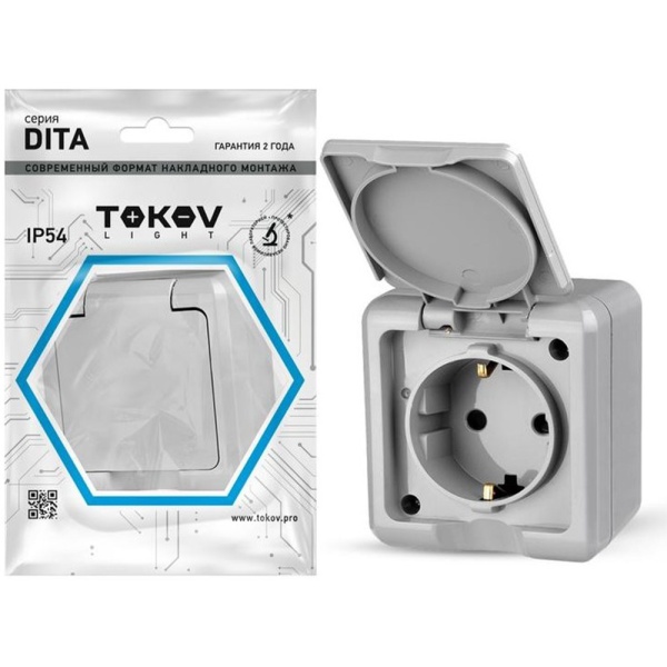 Картинка Розетка 1 местная ОП Dita 16А IP54 250В с з/к с крышкой Серая TOKOV ELECTRIC