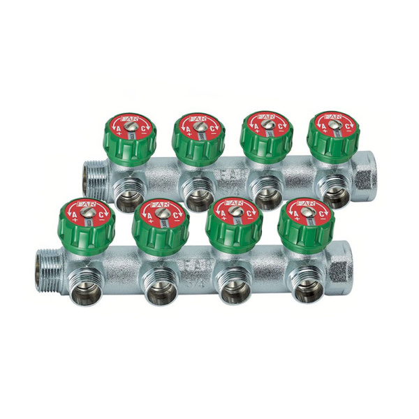 Картинка Коллектор латунь 3/4" ВР/НР 4 выхода 1/2" НР евроконус плоское уплотнение регулируемые клапана MULTIFAR Far