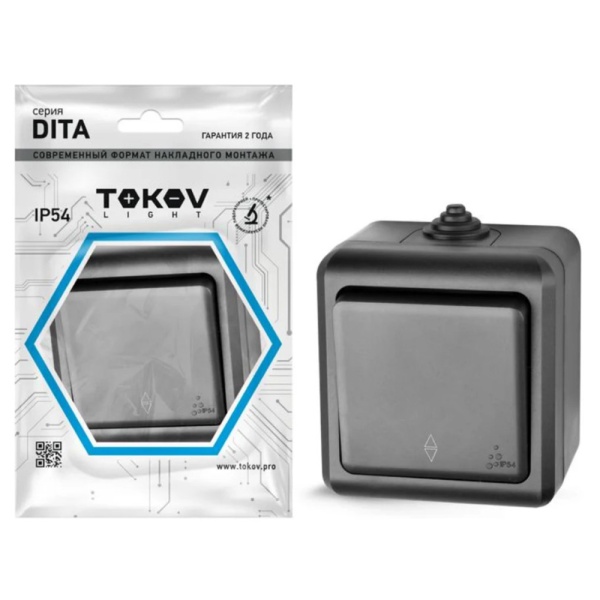 Картинка Переключатель 1 клавиша ОП Dita IP54 10А 250В Карбон TOKOV ELECTRIC