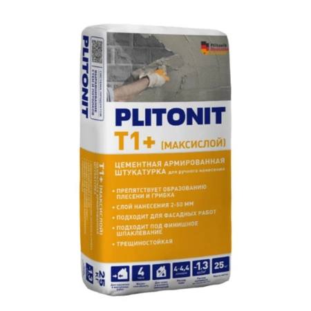Штукатурка цементная с армирующими волокнами 25 кг Plitonit Т1+ МаксиСлой