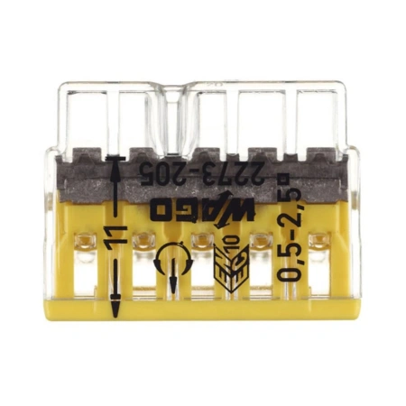 Картинка Клемма 5-ти проводная 0.5-2.5 мм для распределительной коробки Без пасты Желтая WAGO
