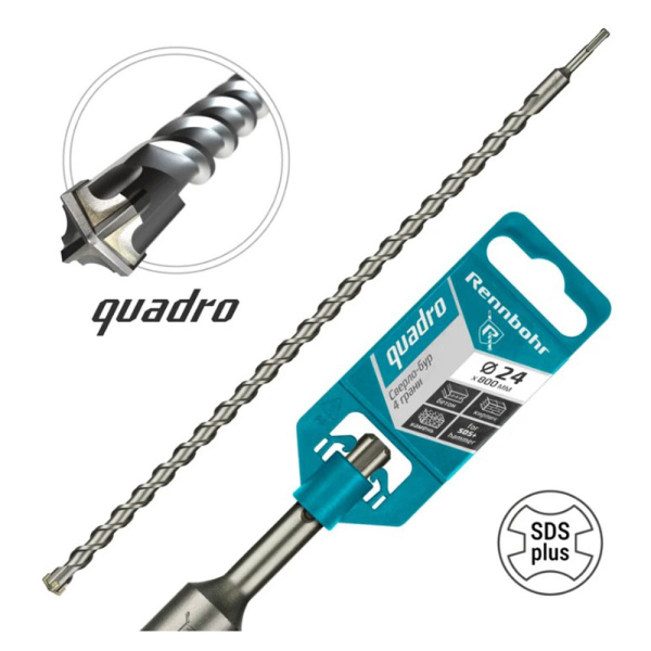 Картинка Бур 24х800 мм SDS-plus 4 грани RENNBOHR Quadro