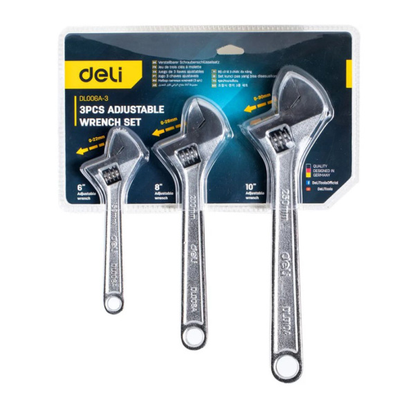 Картинка Набор из 3х разводных гаечных ключей DELI 150х200х250 мм