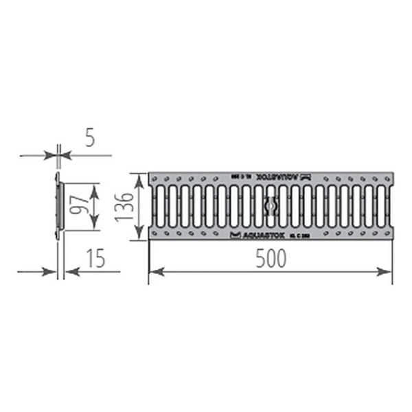 Картинка Решетка для лотка 500x136x15 мм Чугунная щелевая AQUASTOK NORMA DN100 B125