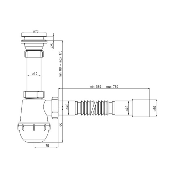 Картинка Сифон для кухонной мойки 1 1/2"x40 с гибкой трубой 40x40/50 мм АНИ Пласт Грот