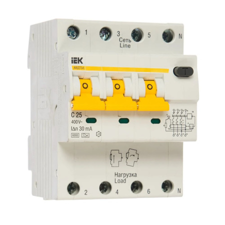 Картинка Выключатель автоматический дифференциальный АВДТ-34 3п+N С 25А 30мА 6кА IEK
