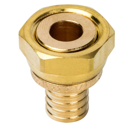 Картинка Переходник с накидной гайкой латунь 16xG 1/2 для сшитого полиэтилена аксиальный STOUT