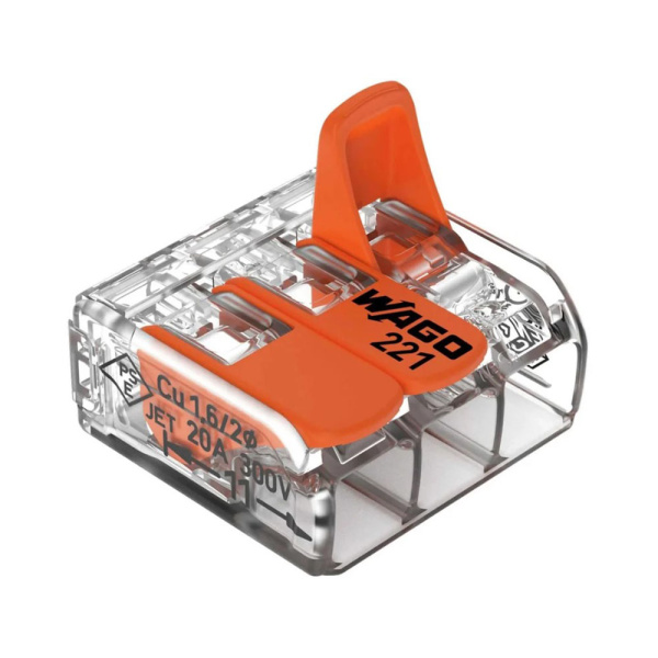 Картинка Клемма 3-х проводная Al/Cu Прозрачная с оранжевыми рычажками 0.2-4,0 мм WAGO