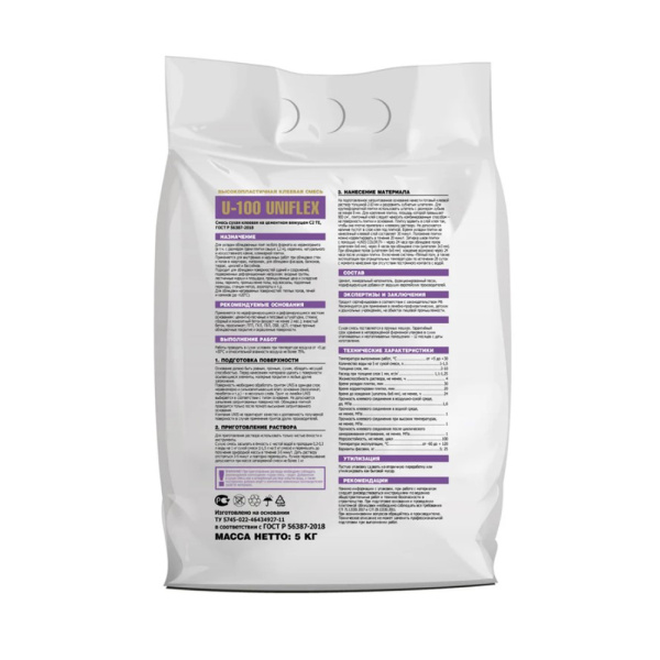 Картинка Клей плиточный 5 кг до 1,5х1,5 м С2 ТЕ Юнис U-100 UNIFLEX