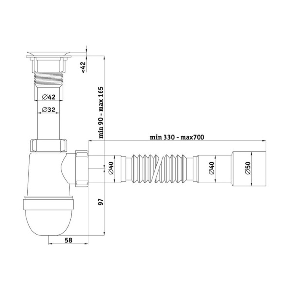 Картинка Сифон для умывальника бутылочный 1 1/4"x40 с гофрой 40х40/50 АНИ Пласт C5015