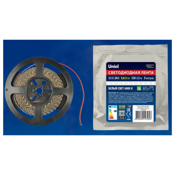 Картинка Светодиодная лента Uniel ULS-2835-120LED/m-8mm-IP20-DC24V-9,6W/m-5M-4000K