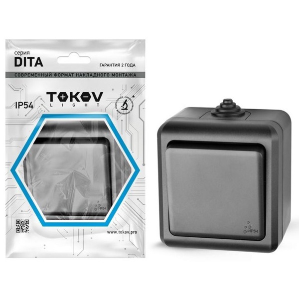 Картинка Выключатель 1 клавиша ОП Dita IP54 10А 250В Карбон TOKOV ELECTRIC